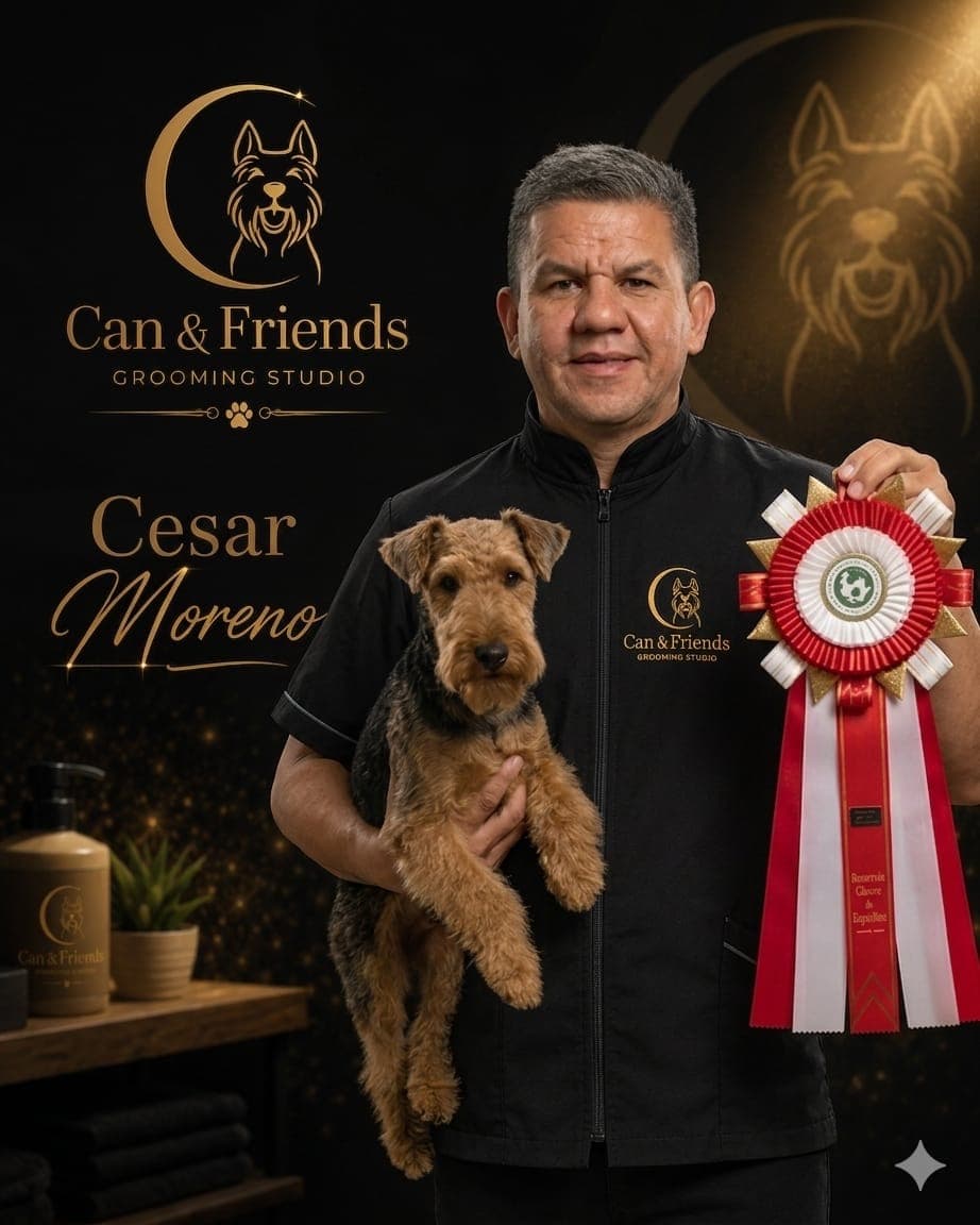 César Moreno, Master Groomer de Can & Friends, con un ejemplar premiado